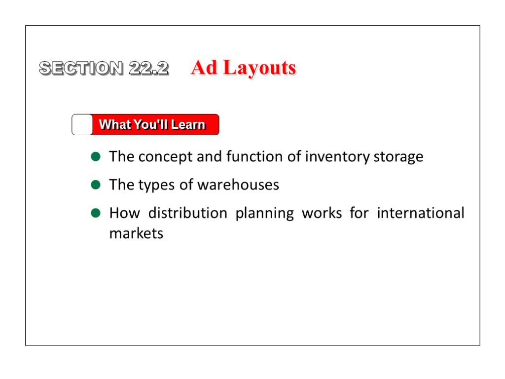 SECTION 22.2 What You'll Learn The concept and function of inventory storage The types